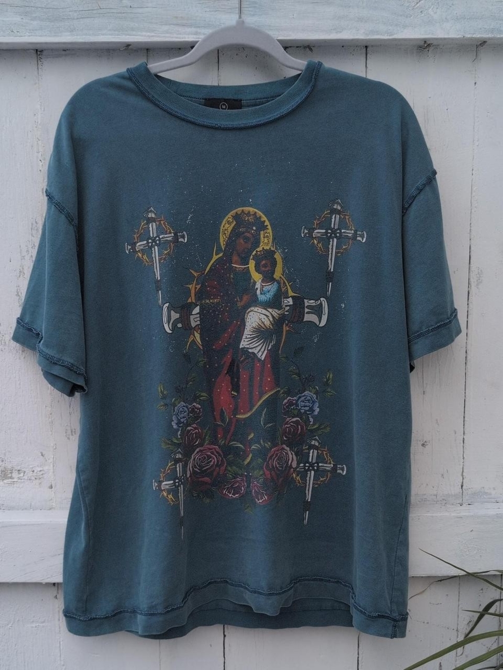Vintage Style Blue Graphic T-Shirt with Religious Design